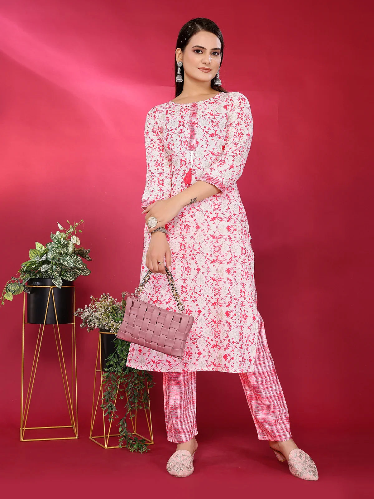 Buy Rayon Embroidered Straight Calf Length Kurta with Pant-Pink