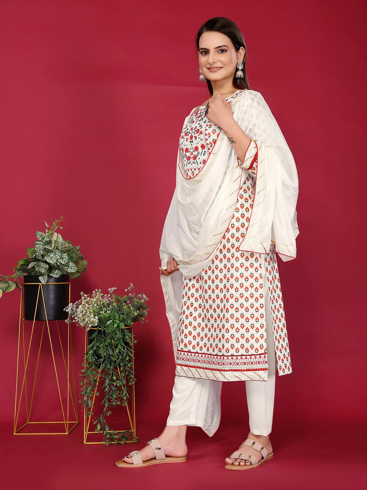 Buy Rayon Embroidered Straight Calf Length Kurta with Pant and Dupatta-Cream