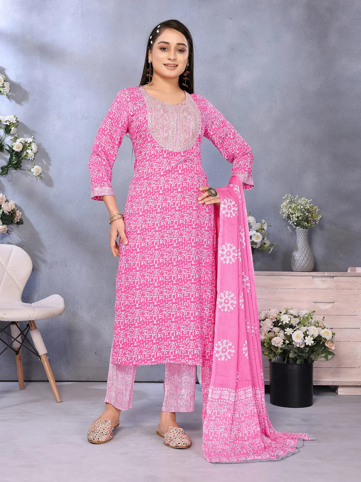 Buy Rayon Embroidered Straight Calf Length Kurta with Pant and Dupatta-Pink