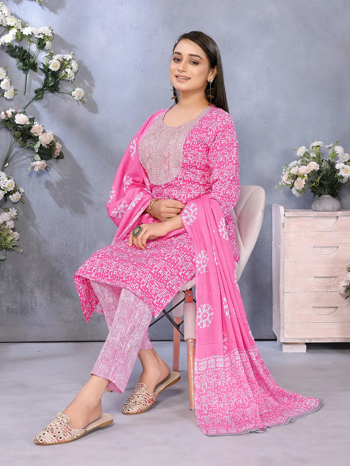 Buy Rayon Embroidered Straight Calf Length Kurta with Pant and Dupatta-Pink