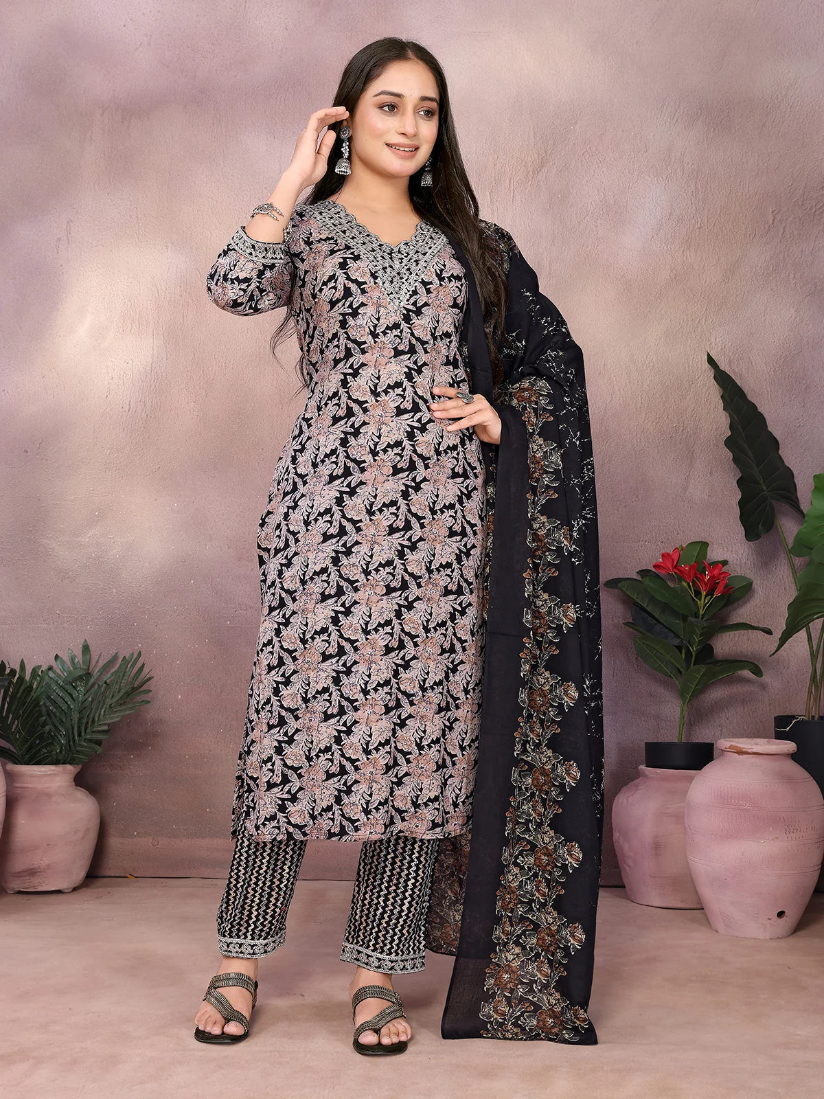 Buy Rayon Embroidered Straight Calf Length Kurta with Pant and Dupatta-Black