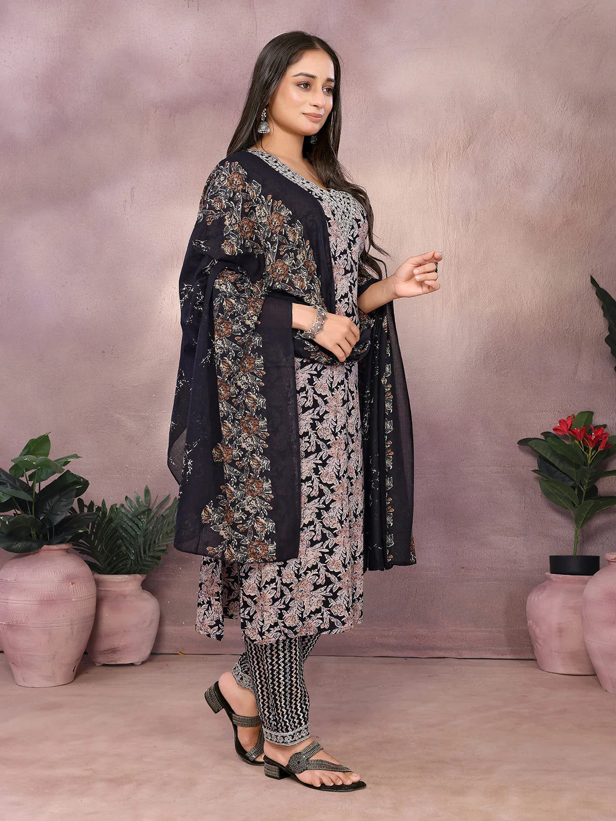 Buy Rayon Embroidered Straight Calf Length Kurta with Pant and Dupatta-Black