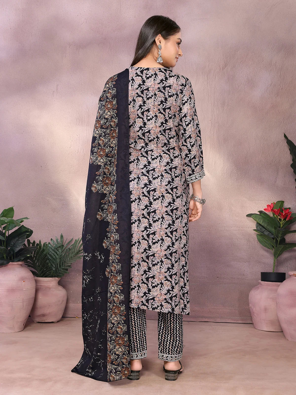 Buy Rayon Embroidered Straight Calf Length Kurta with Pant and Dupatta-Black