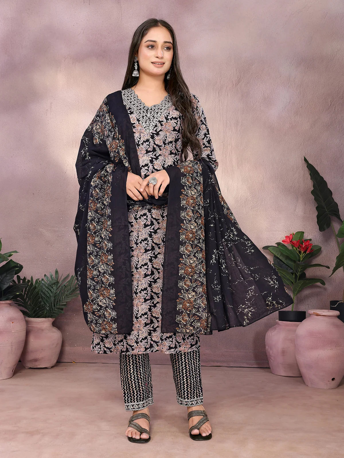 Buy Rayon Embroidered Straight Calf Length Kurta with Pant and Dupatta-Black