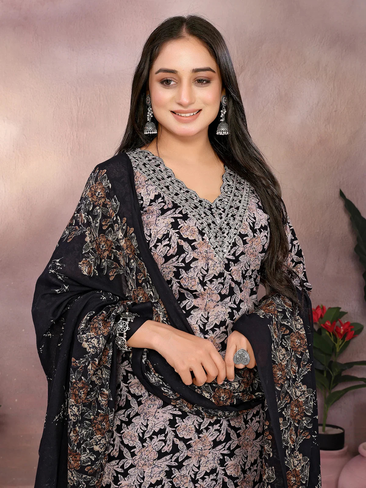 Buy Rayon Embroidered Straight Calf Length Kurta with Pant and Dupatta-Black