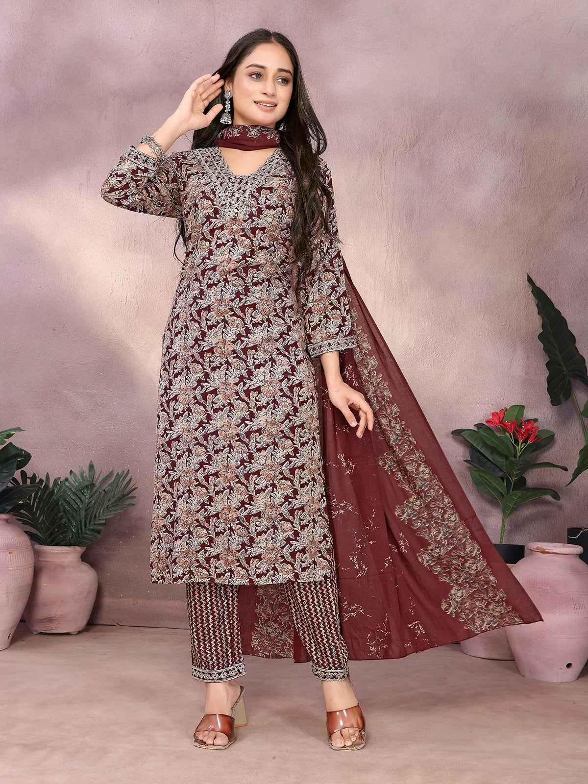 Buy Rayon Embroidered Straight Calf Length Kurta with Pant and Dupatta-Brown
