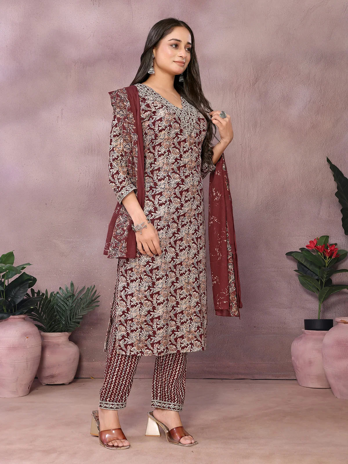 Buy Rayon Embroidered Straight Calf Length Kurta with Pant and Dupatta-Brown