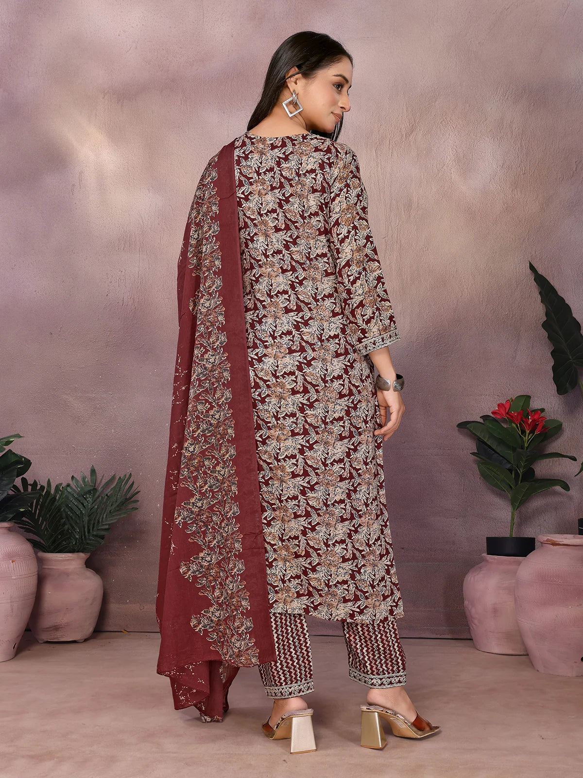 Buy Rayon Embroidered Straight Calf Length Kurta with Pant and Dupatta-Brown