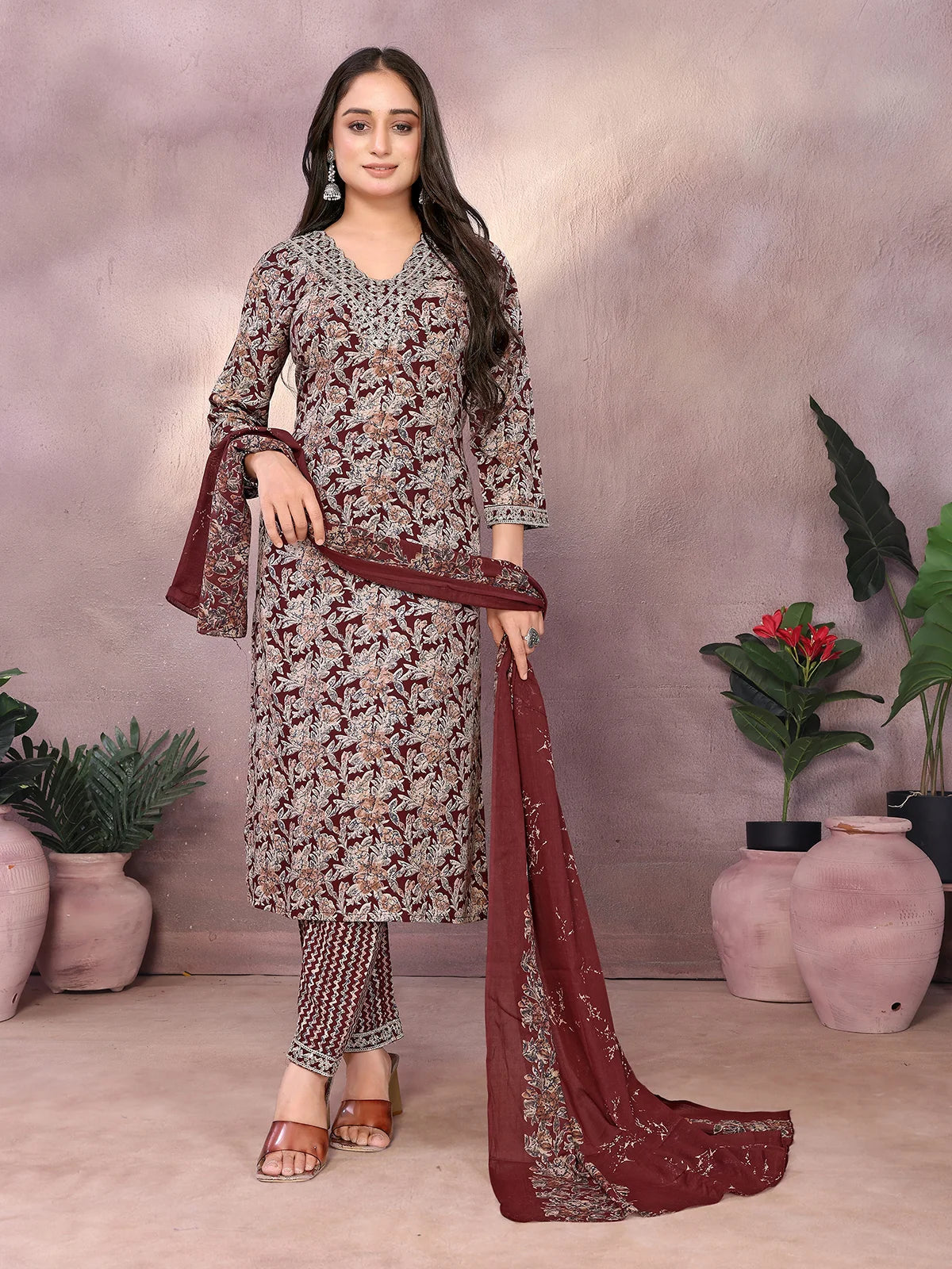 Buy Rayon Embroidered Straight Calf Length Kurta with Pant and Dupatta-Brown