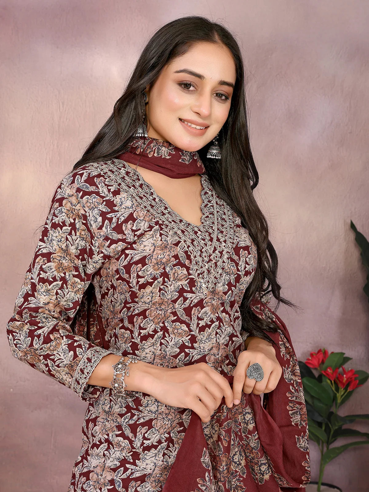 Buy Rayon Embroidered Straight Calf Length Kurta with Pant and Dupatta-Brown