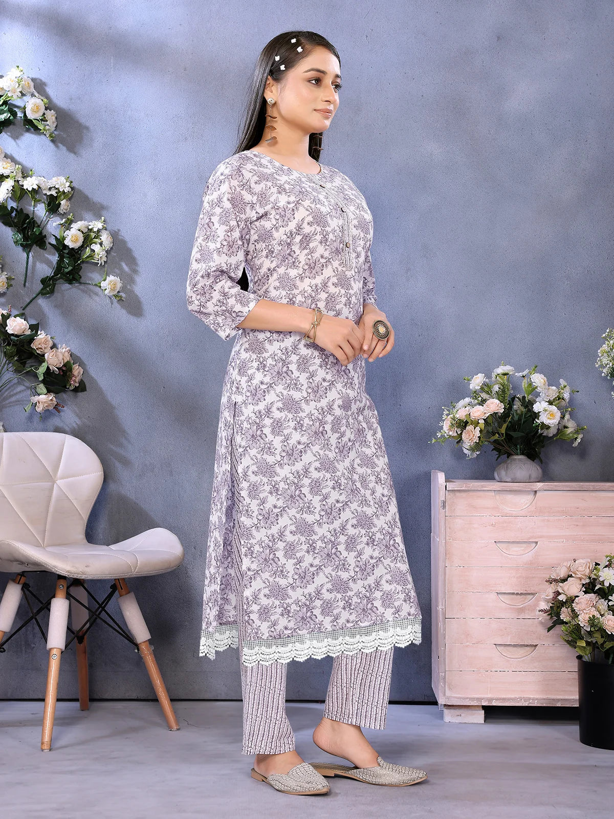 Buy Cotton Printed Straight Calf Length Kurta with Pant-Off White
