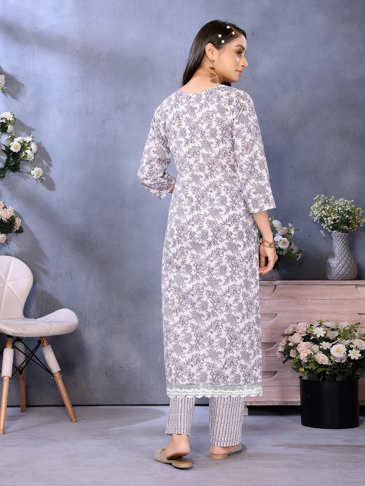 Buy Cotton Printed Straight Calf Length Kurta with Pant-Off White