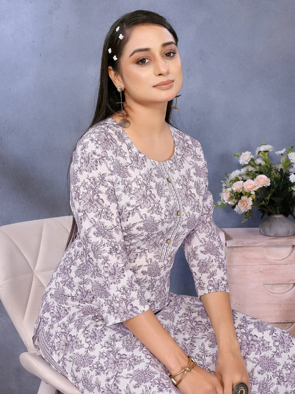 Buy Cotton Printed Straight Calf Length Kurta with Pant-Off White