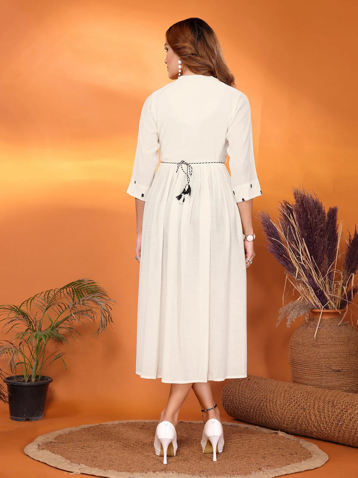 Buy Viscose Blend Embroidered Flared Calf Length Dress with Dori Belt-Off White