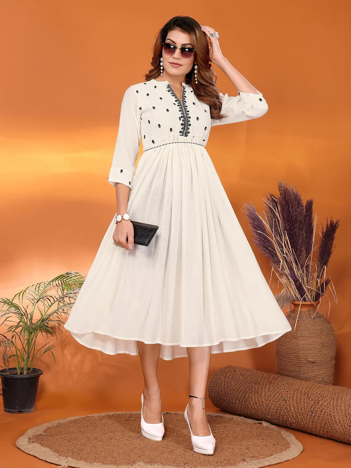 Buy Viscose Blend Embroidered Flared Calf Length Dress with Dori Belt-Off White