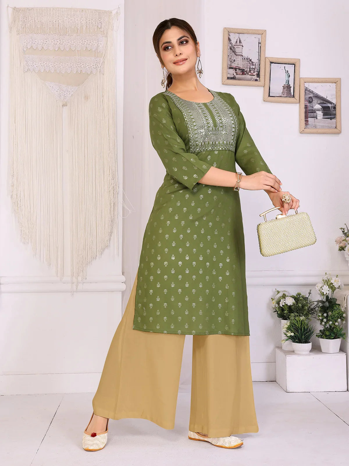 Buy Rayon Embroidered Straight Calf Length Kurta-Green