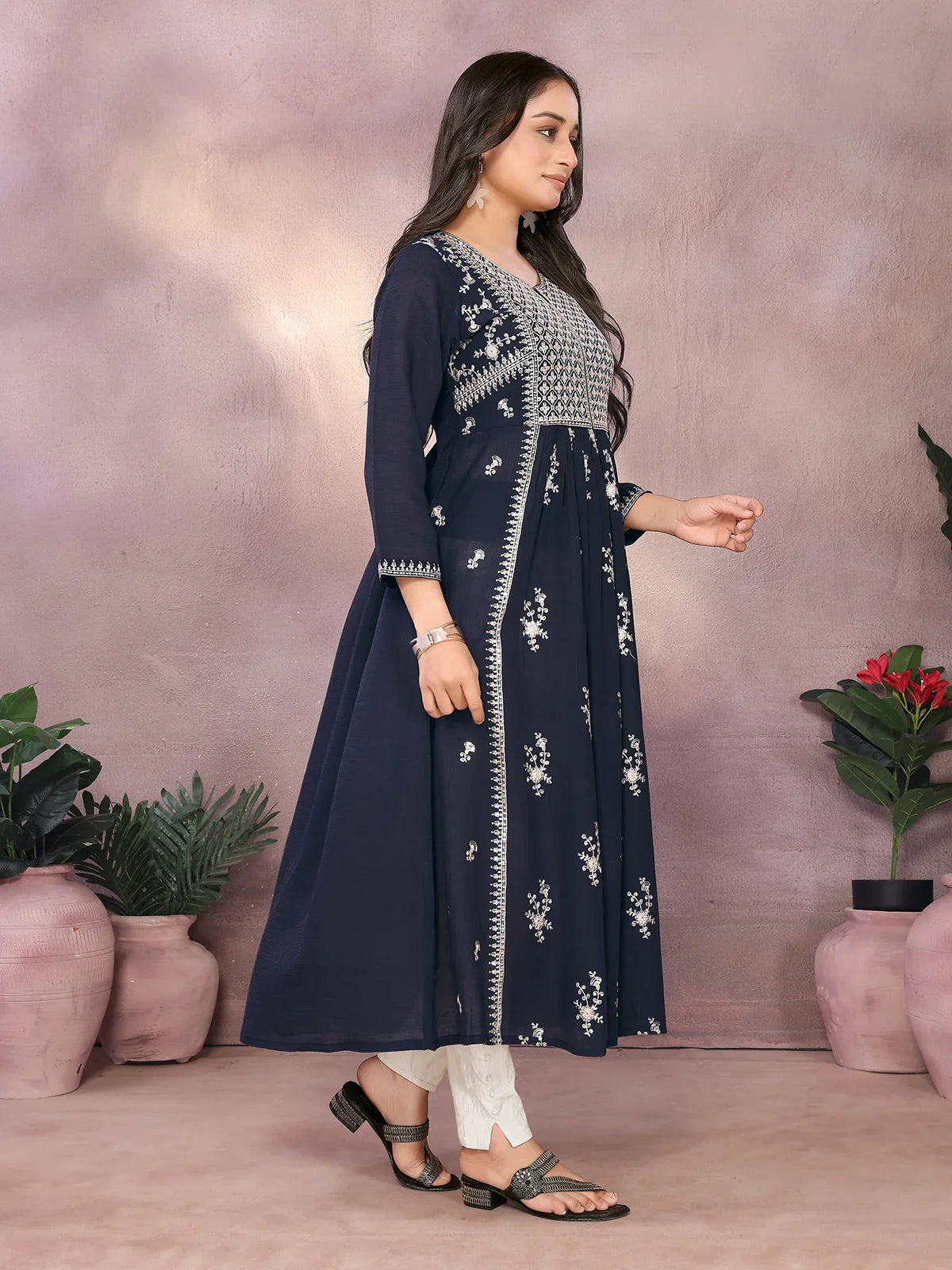 Buy Viscose Poly Embroidered Flared Calf Length Kurta-Black