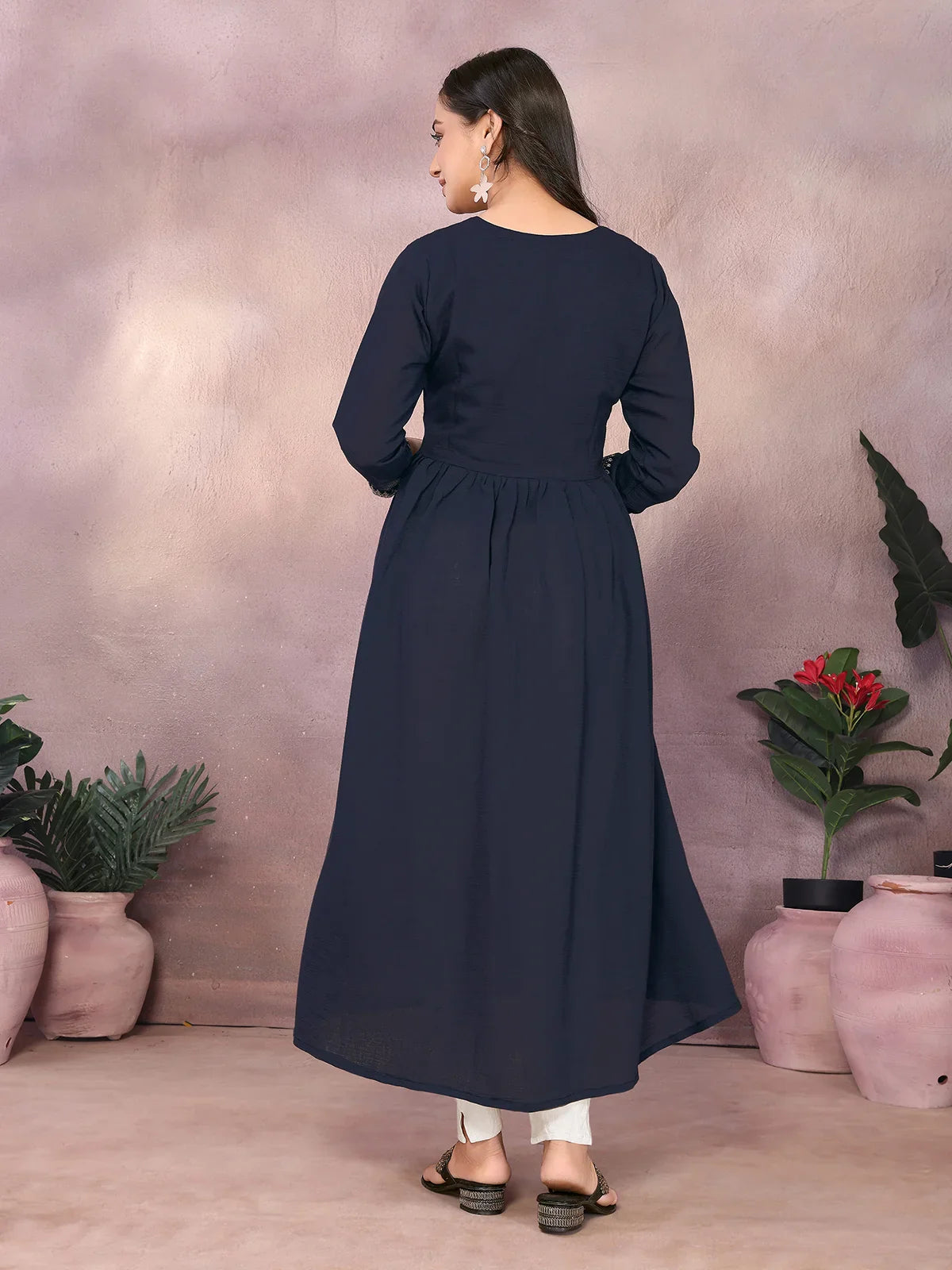 Buy Viscose Poly Embroidered Flared Calf Length Kurta-Black