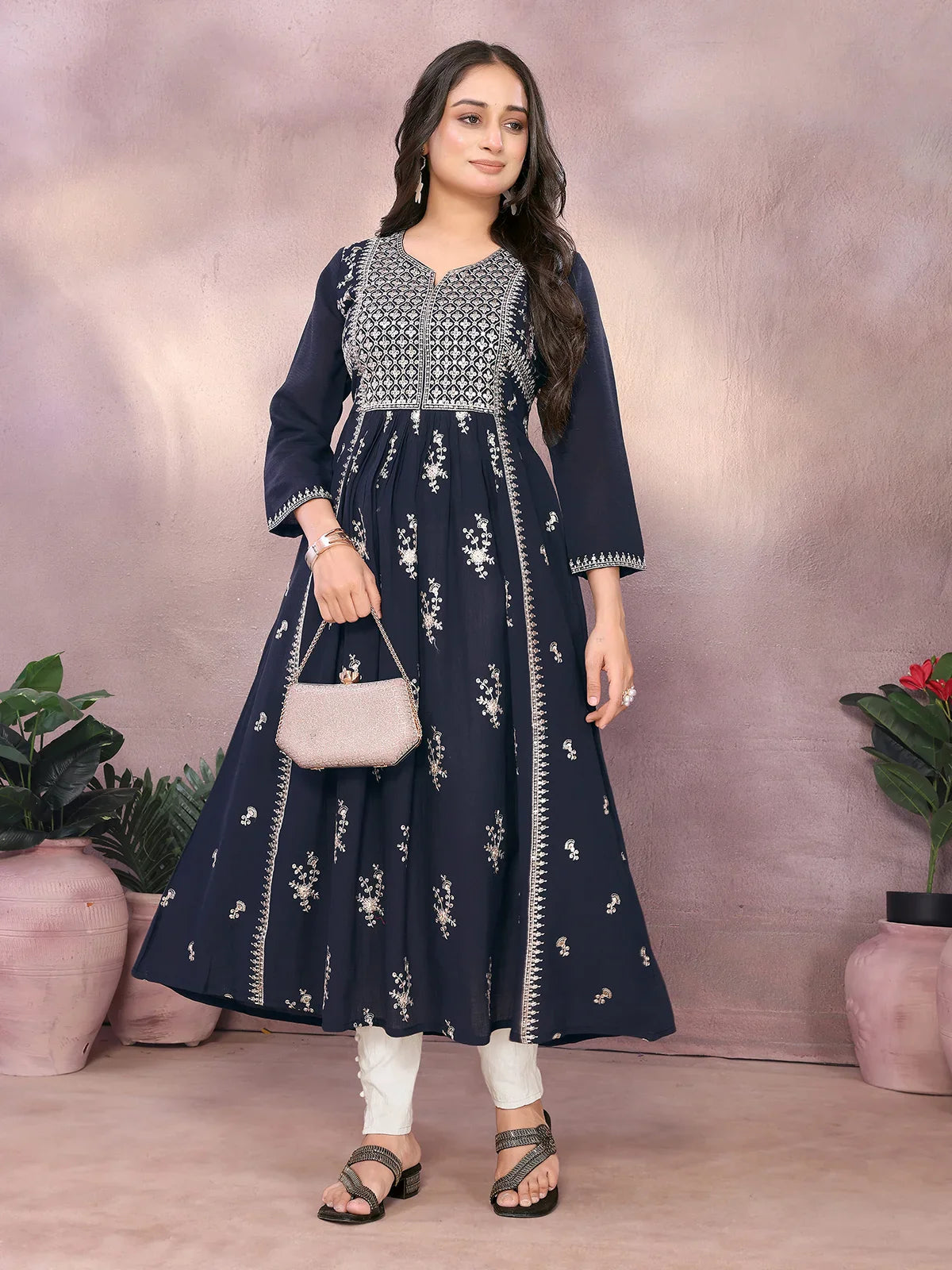 Buy Viscose Poly Embroidered Flared Calf Length Kurta-Black