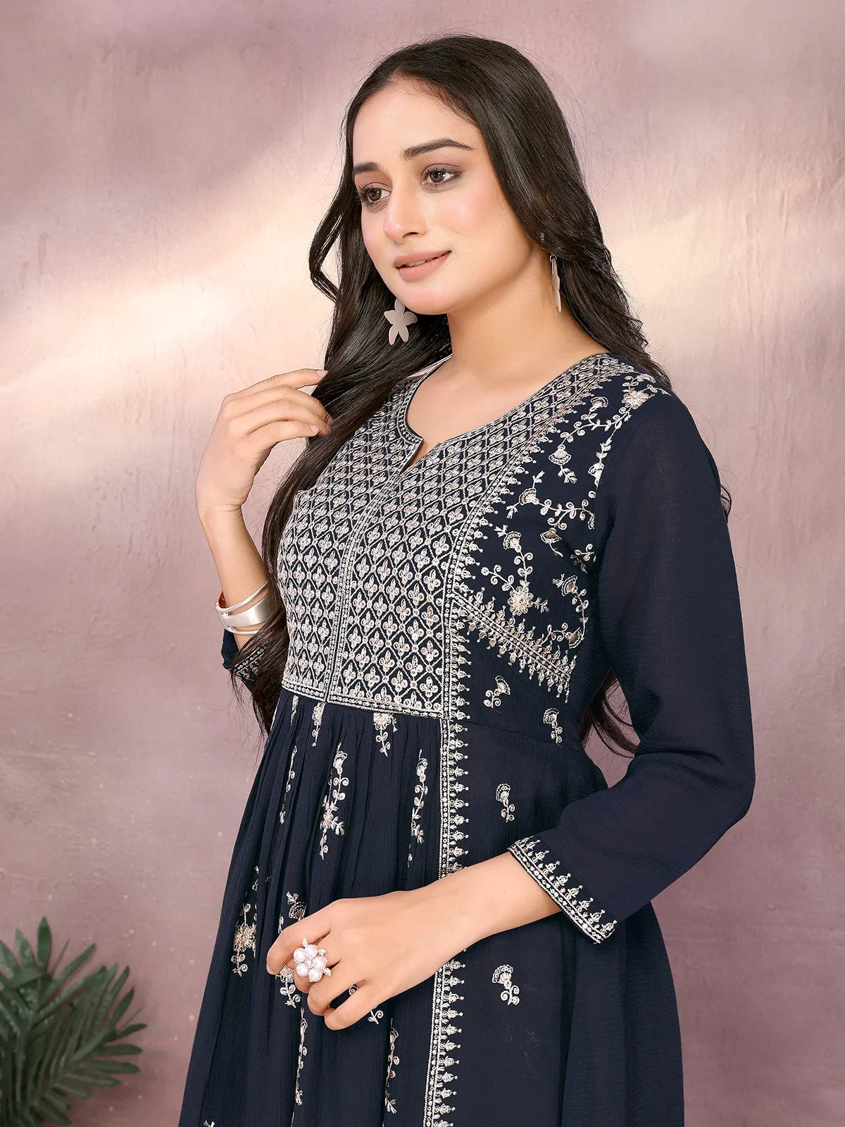 Buy Viscose Poly Embroidered Flared Calf Length Kurta-Black