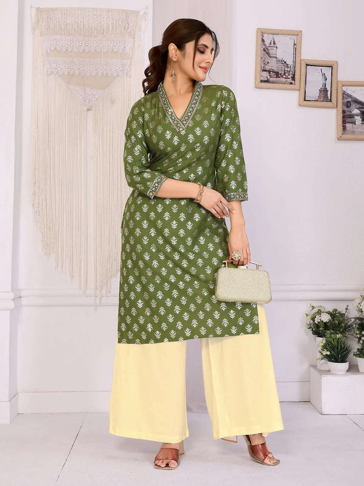 Buy Rayon Embroidered Straight Calf Length Kurta-Green