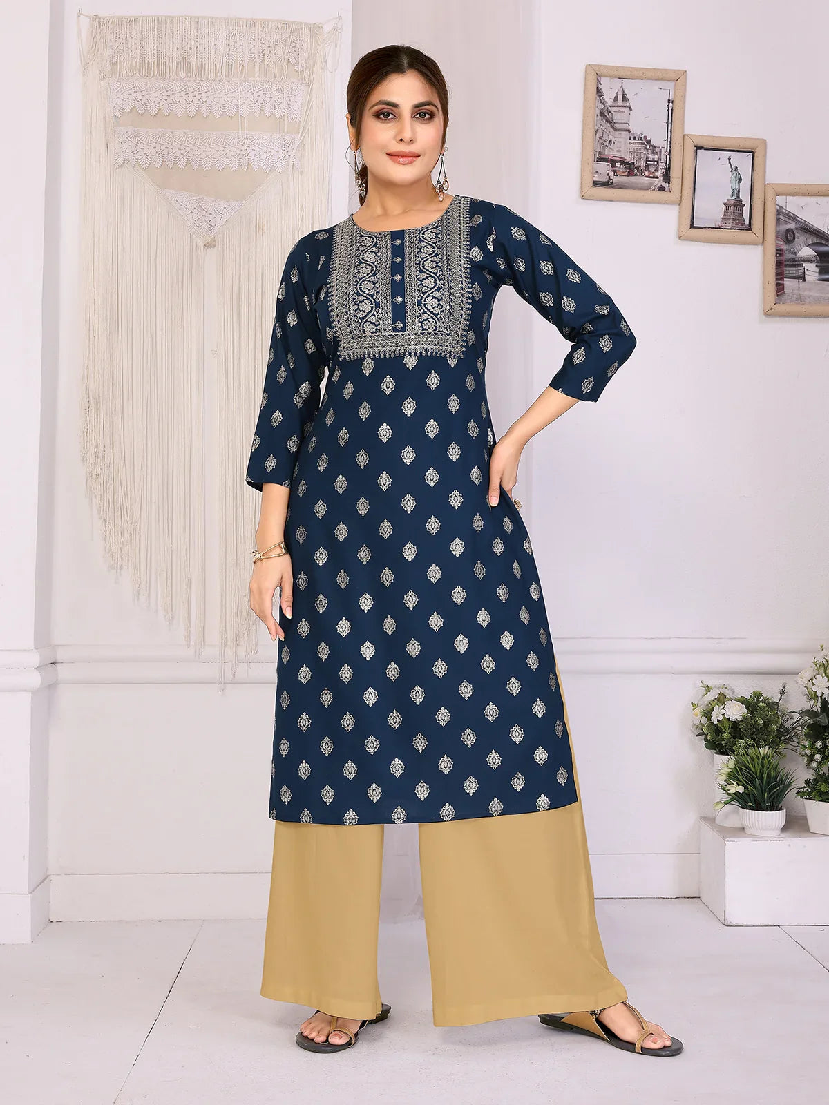 Buy Rayon Embroidered Straight Calf Length Kurta-Blue