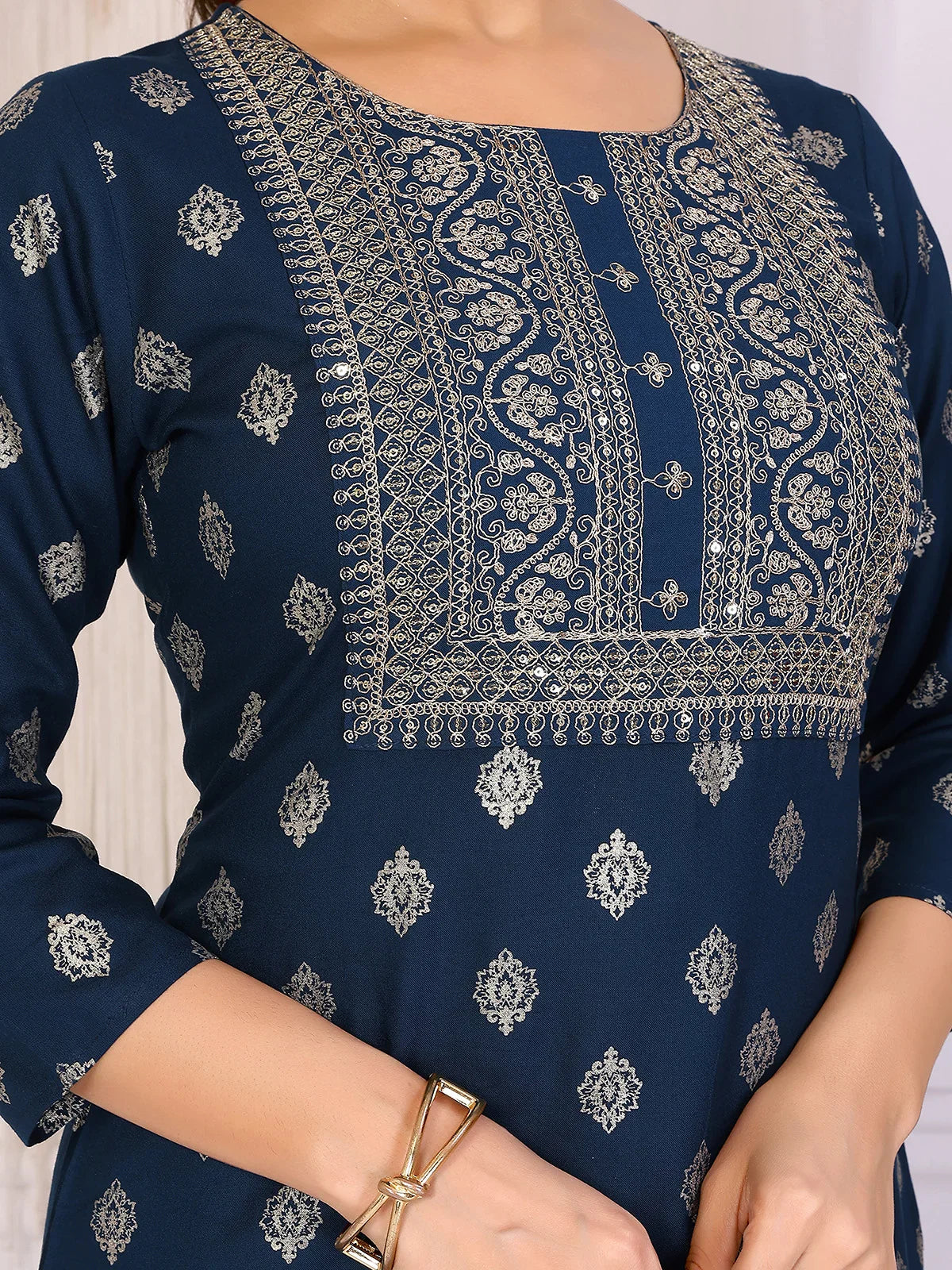 Buy Rayon Embroidered Straight Calf Length Kurta-Blue