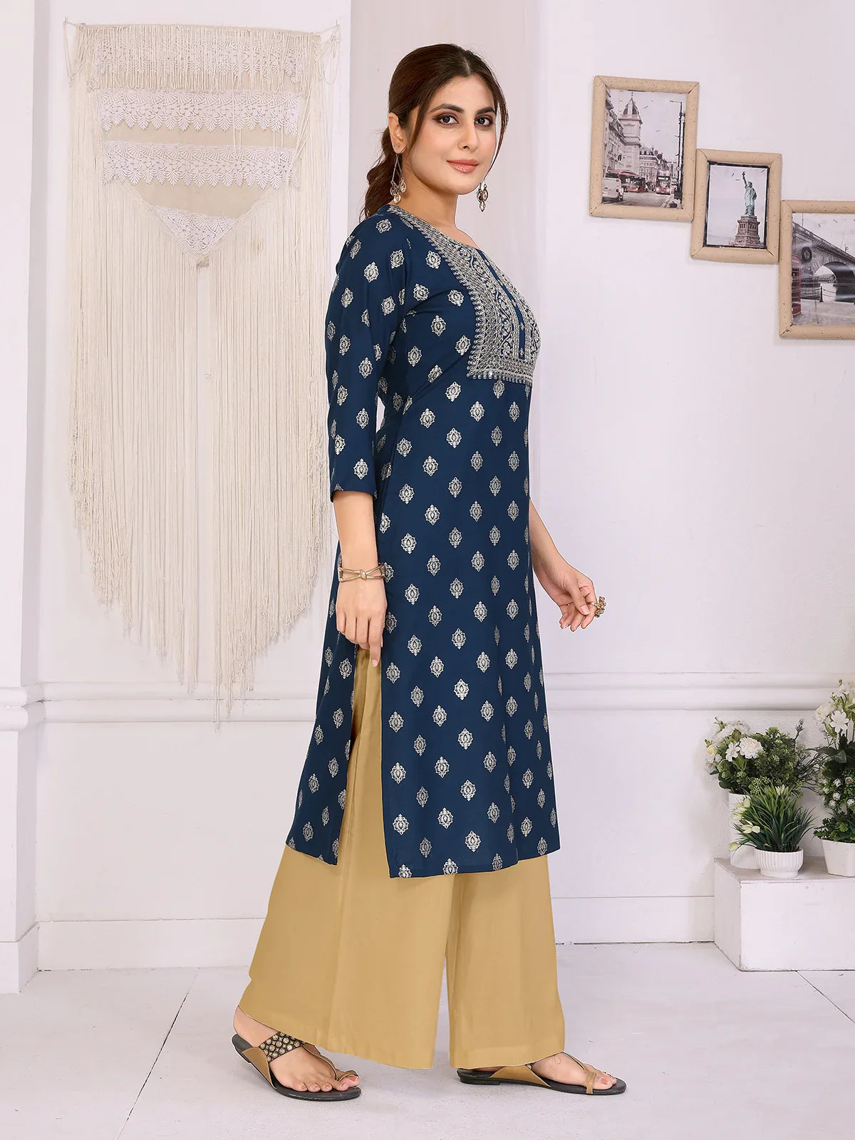 Buy Rayon Embroidered Straight Calf Length Kurta-Blue