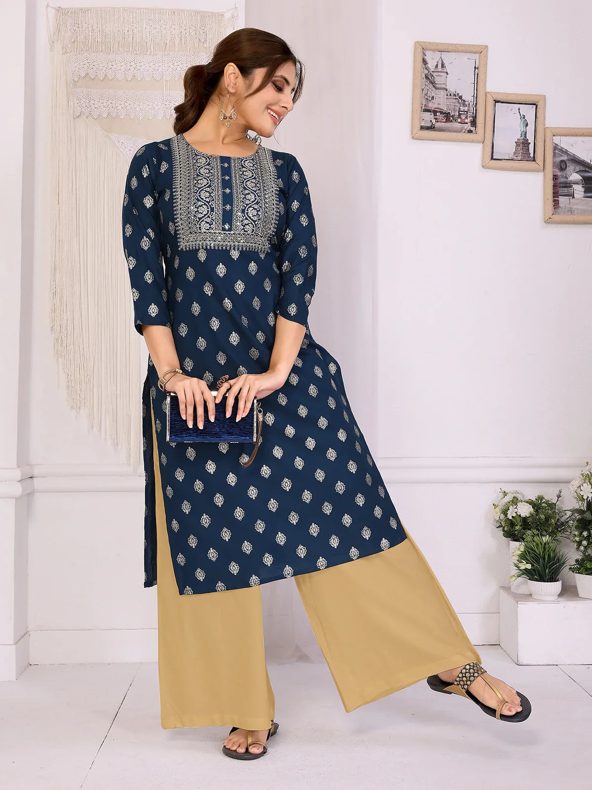 Buy Rayon Embroidered Straight Calf Length Kurta-Blue