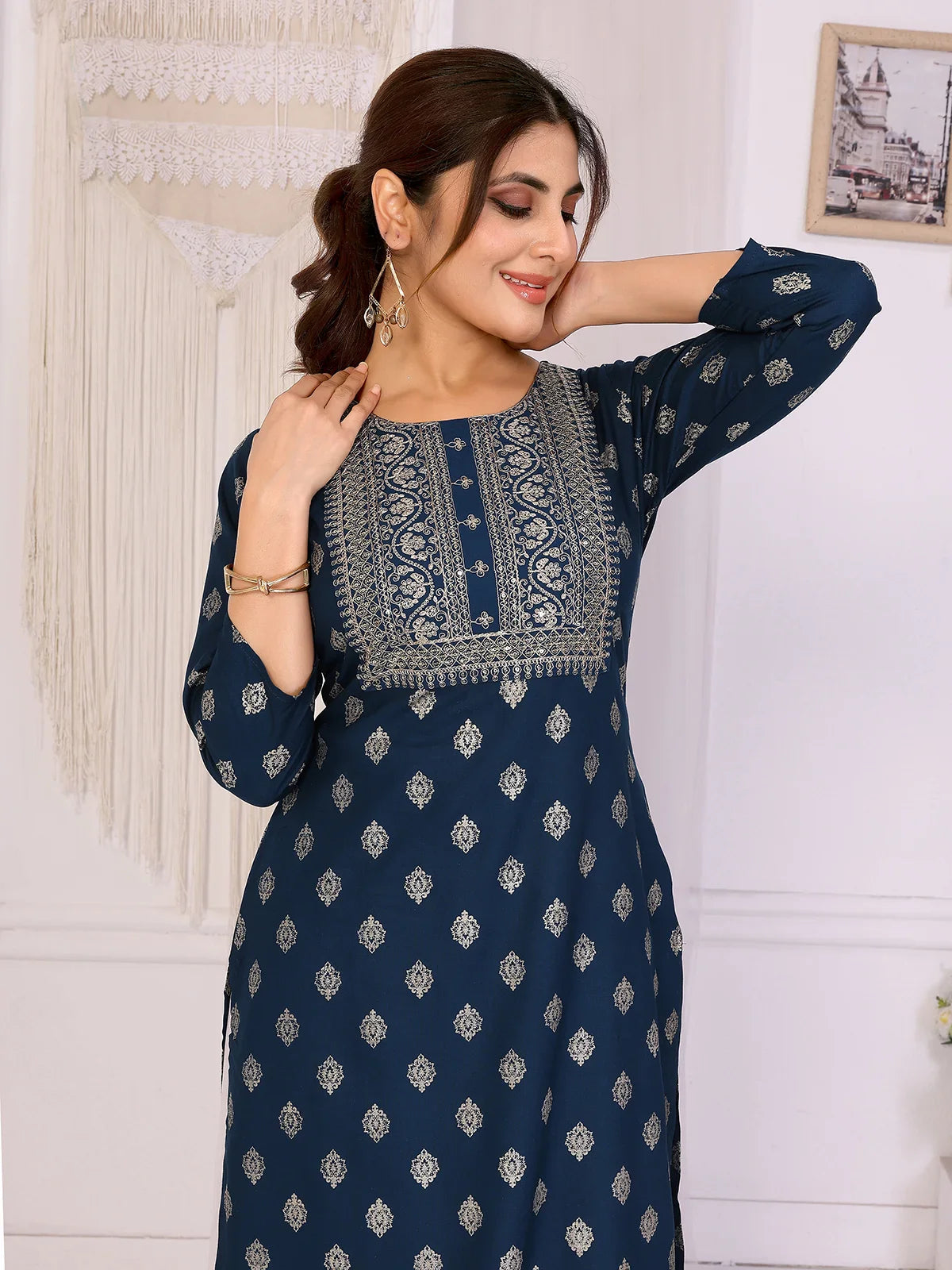 Buy Rayon Embroidered Straight Calf Length Kurta-Blue