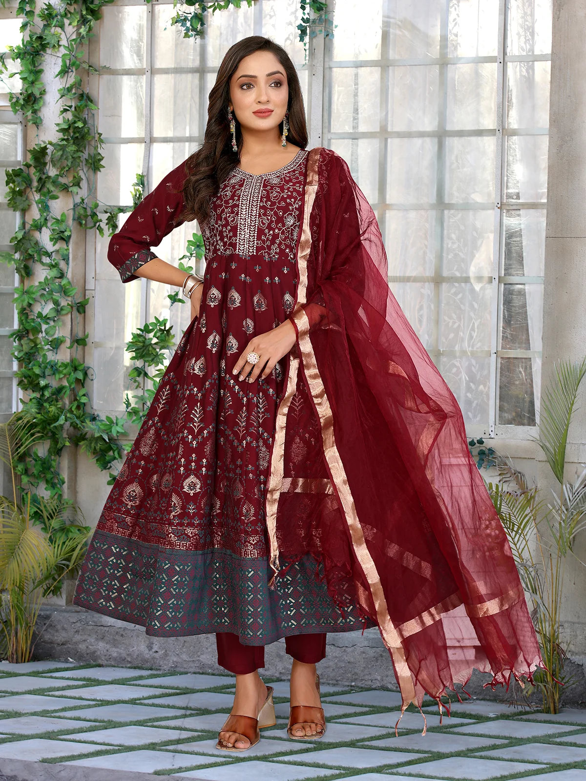 Buy Viscose Blend Embroidered Anarkali Calf Length Kurta with Pant and Dupatta-Maroon