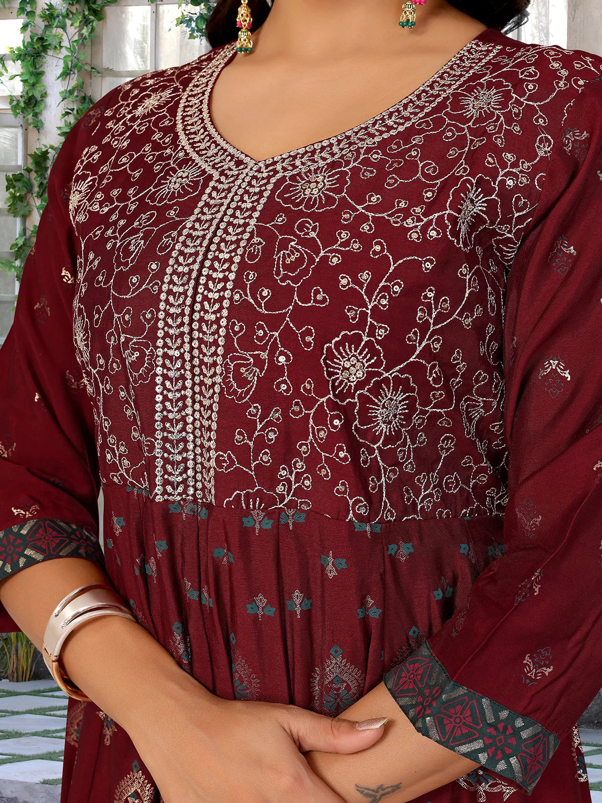 Buy Viscose Blend Embroidered Anarkali Calf Length Kurta with Pant and Dupatta-Maroon