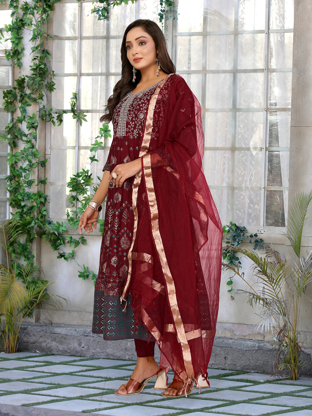 Buy Viscose Blend Embroidered Anarkali Calf Length Kurta with Pant and Dupatta-Maroon