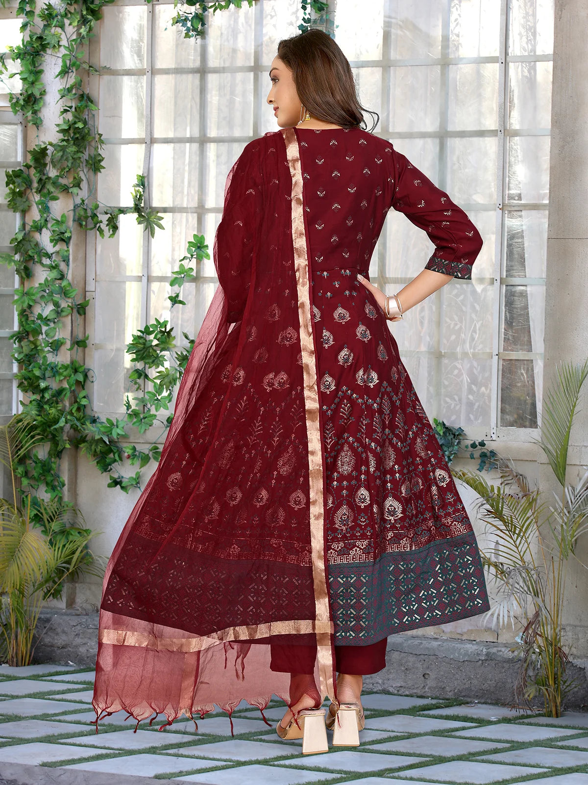 Buy Viscose Blend Embroidered Anarkali Calf Length Kurta with Pant and Dupatta-Maroon
