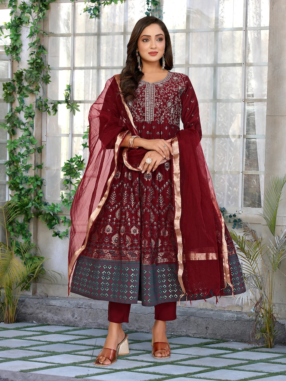 Buy Viscose Blend Embroidered Anarkali Calf Length Kurta with Pant and Dupatta-Maroon