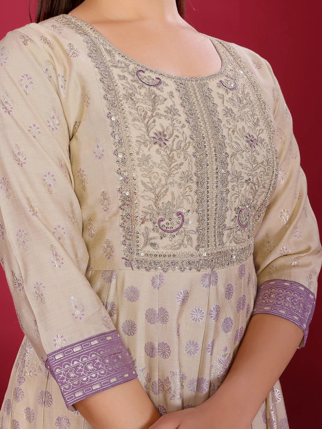 Buy Viscose Poly Embroidered Anarkali Calf Length Kurta with Pant and Dupatta-Beige