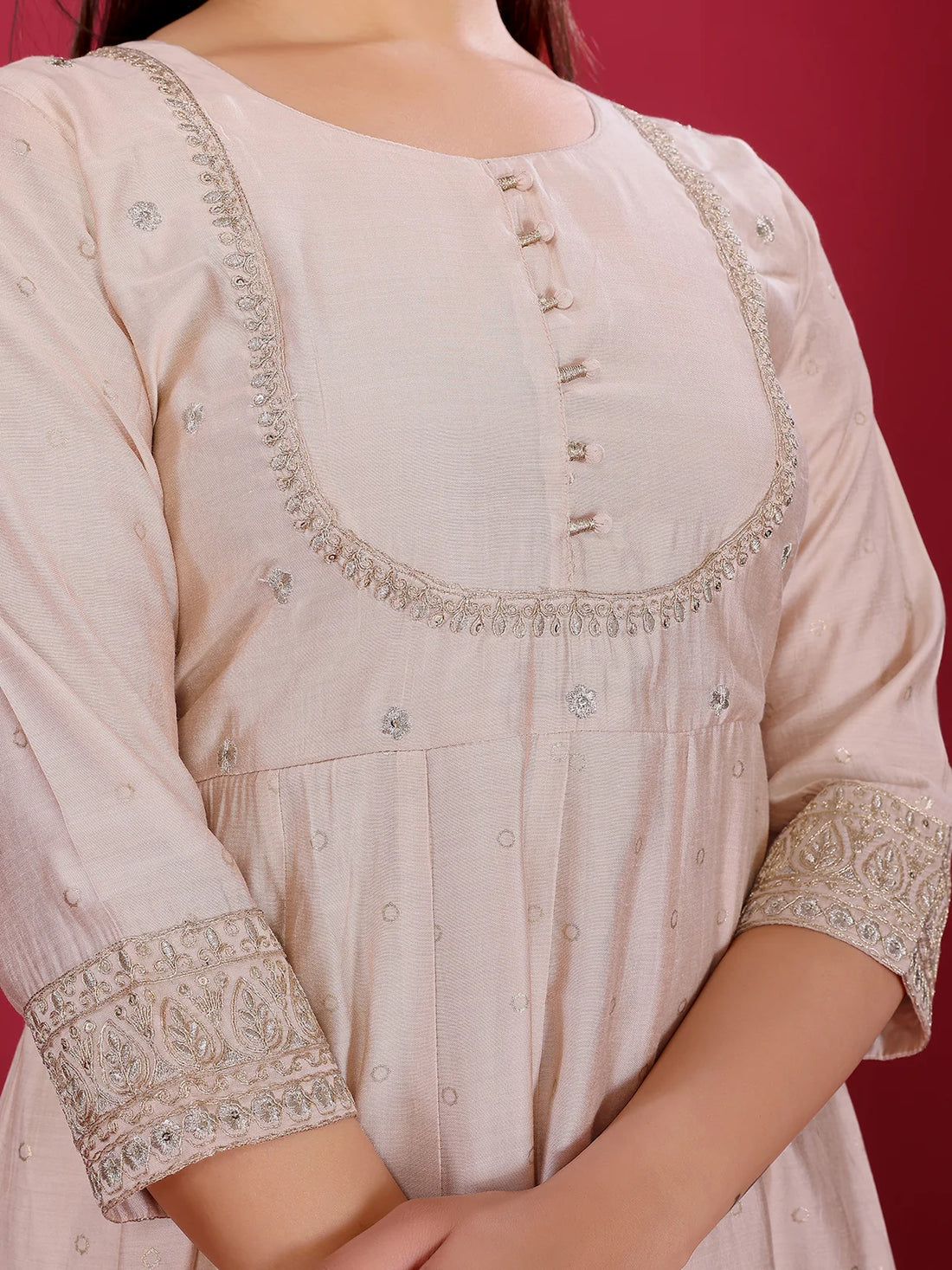 Buy Viscose Poly Embroidered Anarkali Calf Length Kurta with Pant and Dupatta-Beige