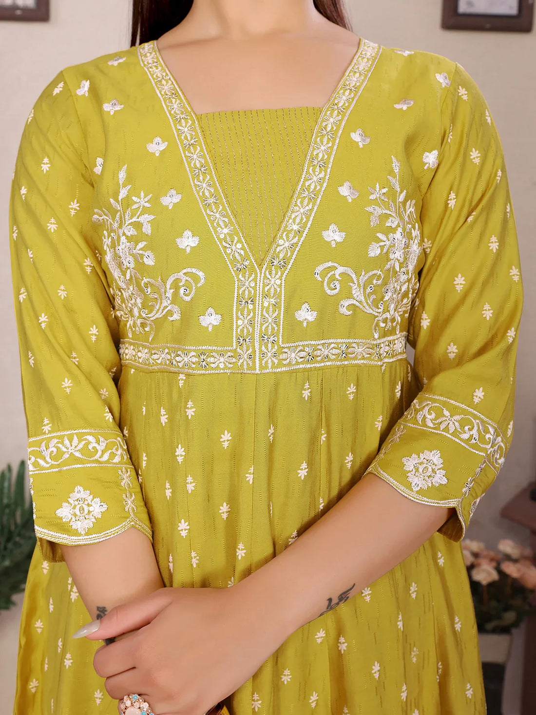 Buy Viscose Poly Embroidered Anarkali Calf Length Kurta with Pant and Dupatta-Mustard