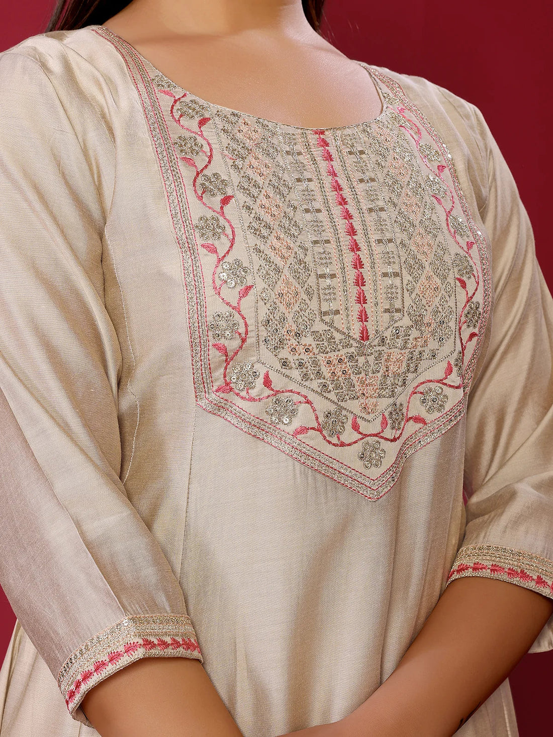 Buy Viscose Poly Embroidered Anarkali Calf Length Kurta with Pant and Dupatta-Beige