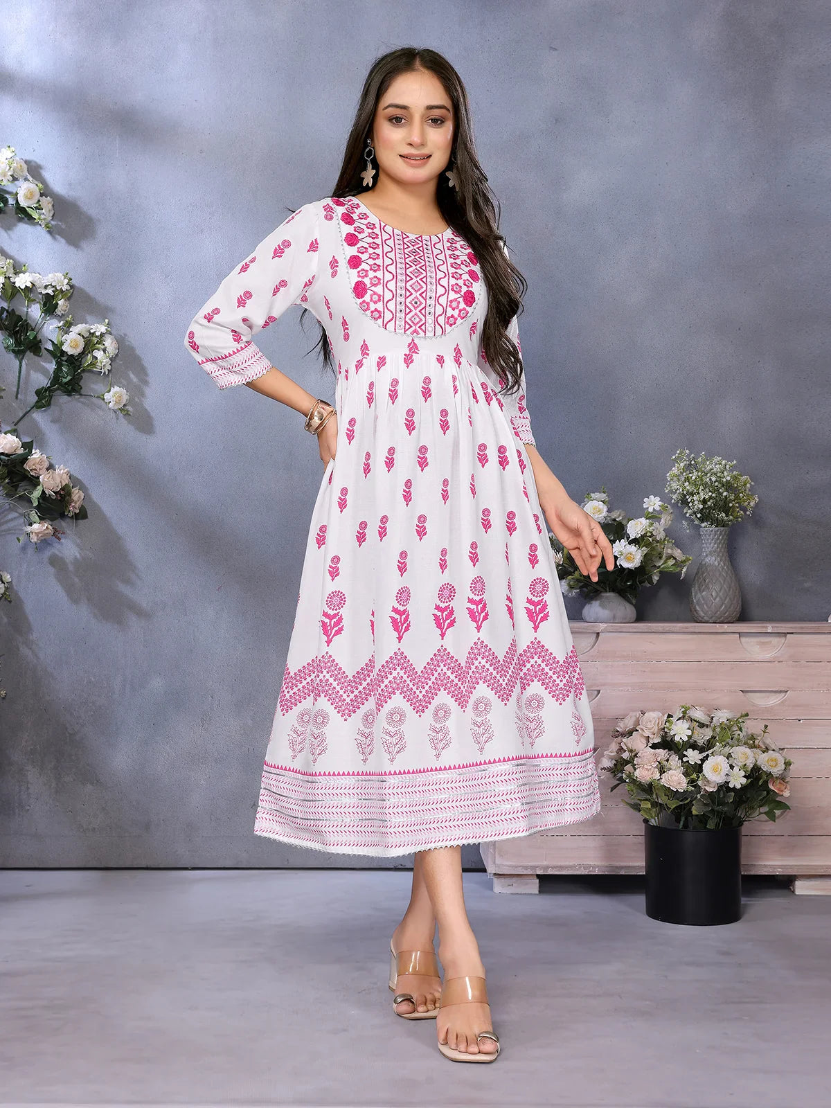 Buy Rayon Embroidered Flared Calf Length Dress-Pink