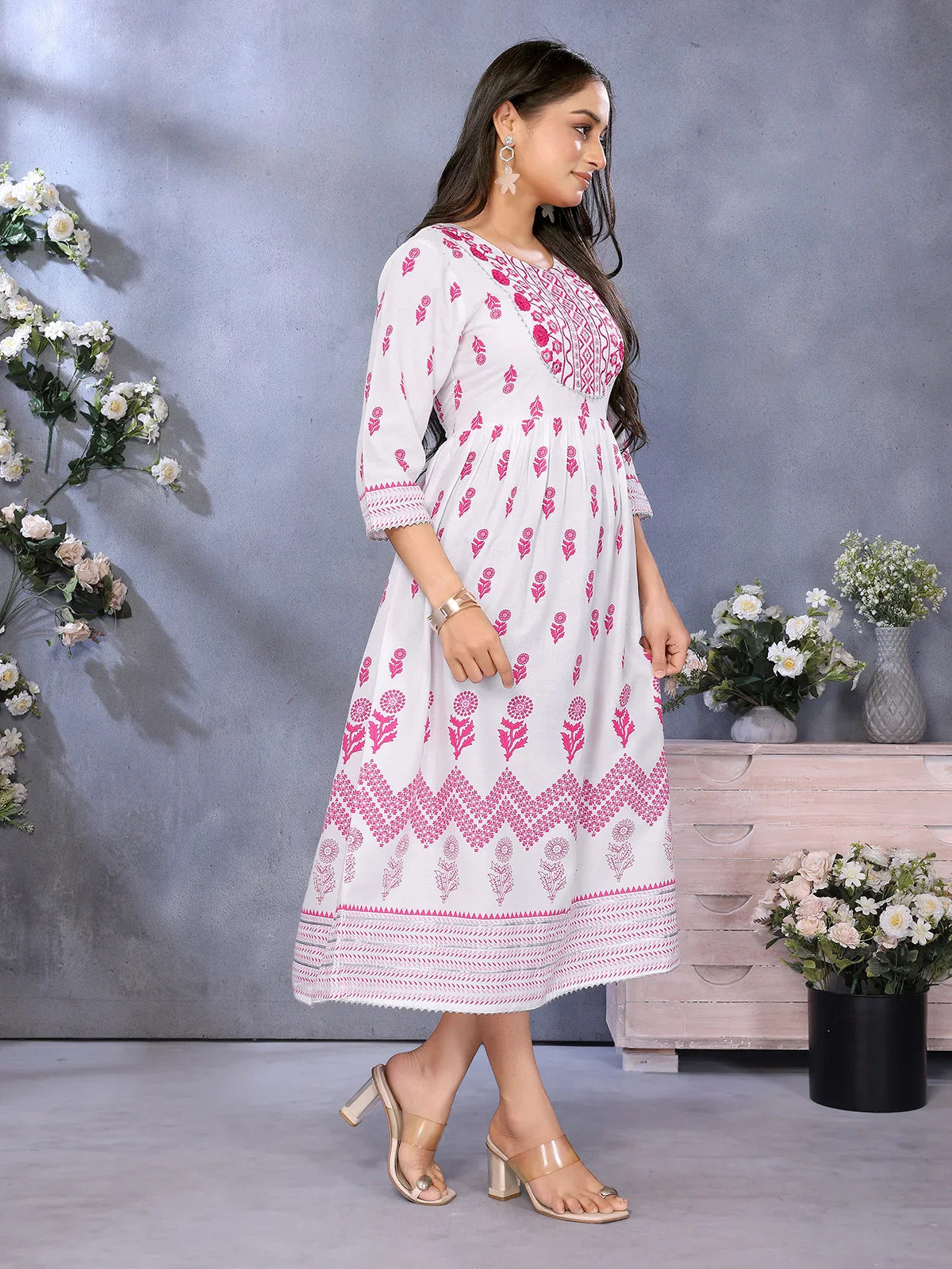 Buy Rayon Embroidered Flared Calf Length Dress-Pink