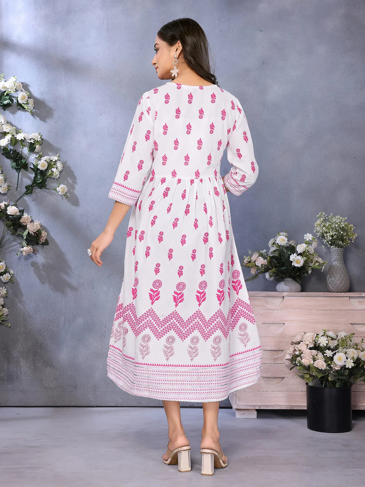 Buy Rayon Embroidered Flared Calf Length Dress-Pink