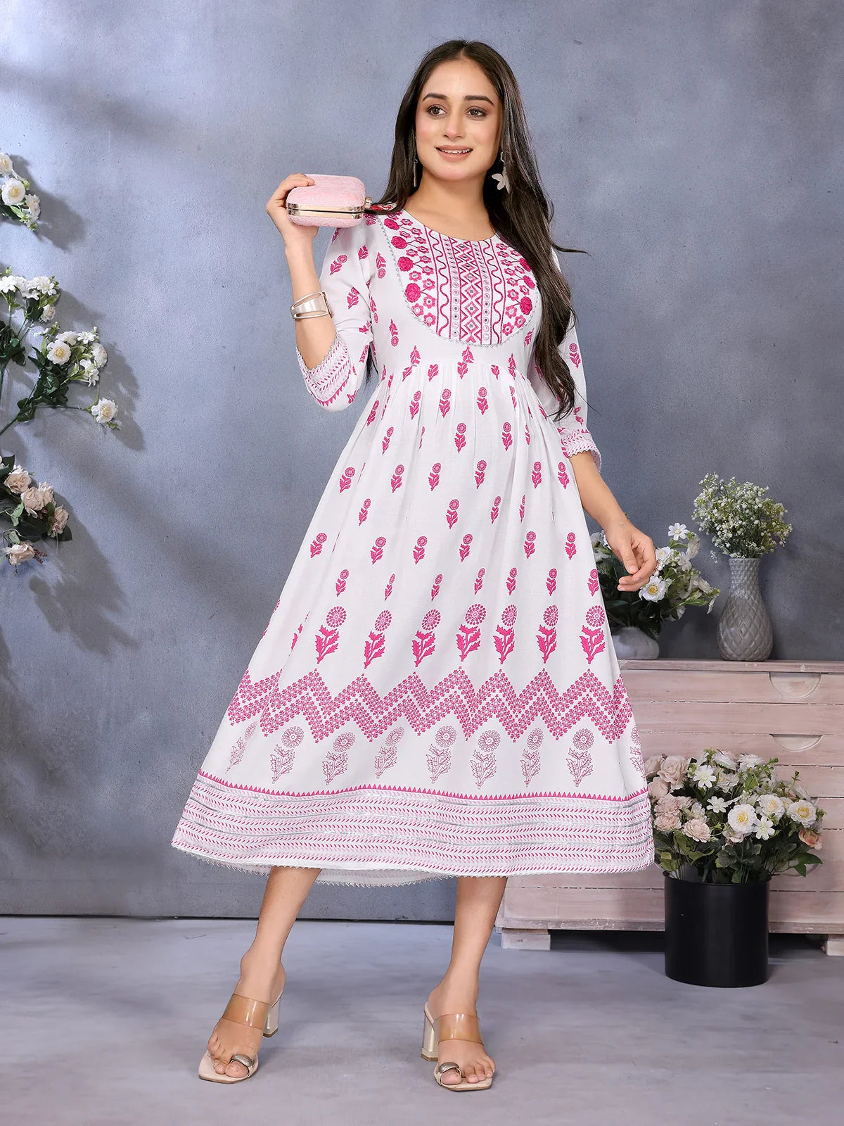 Buy Rayon Embroidered Flared Calf Length Dress-Pink