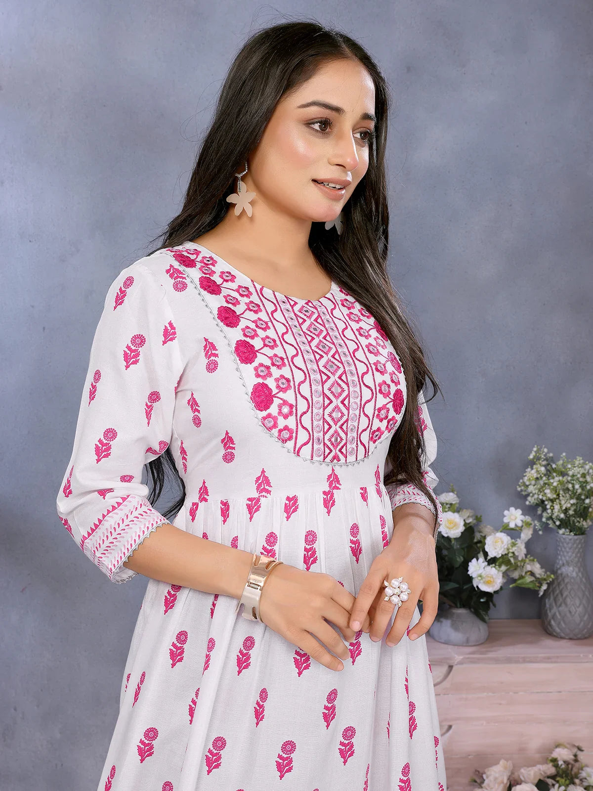 Buy Rayon Embroidered Flared Calf Length Dress-Pink