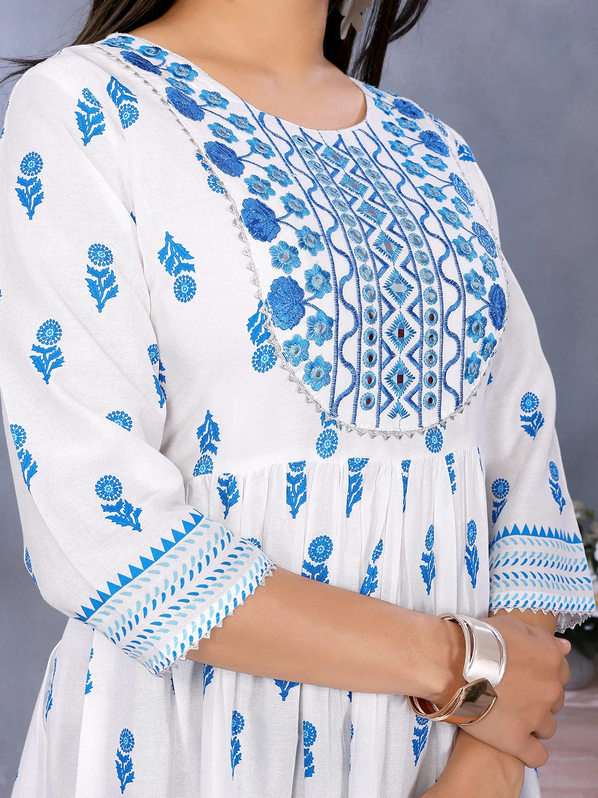 Buy Rayon Embroidered Flared Calf Length Dress-Blue