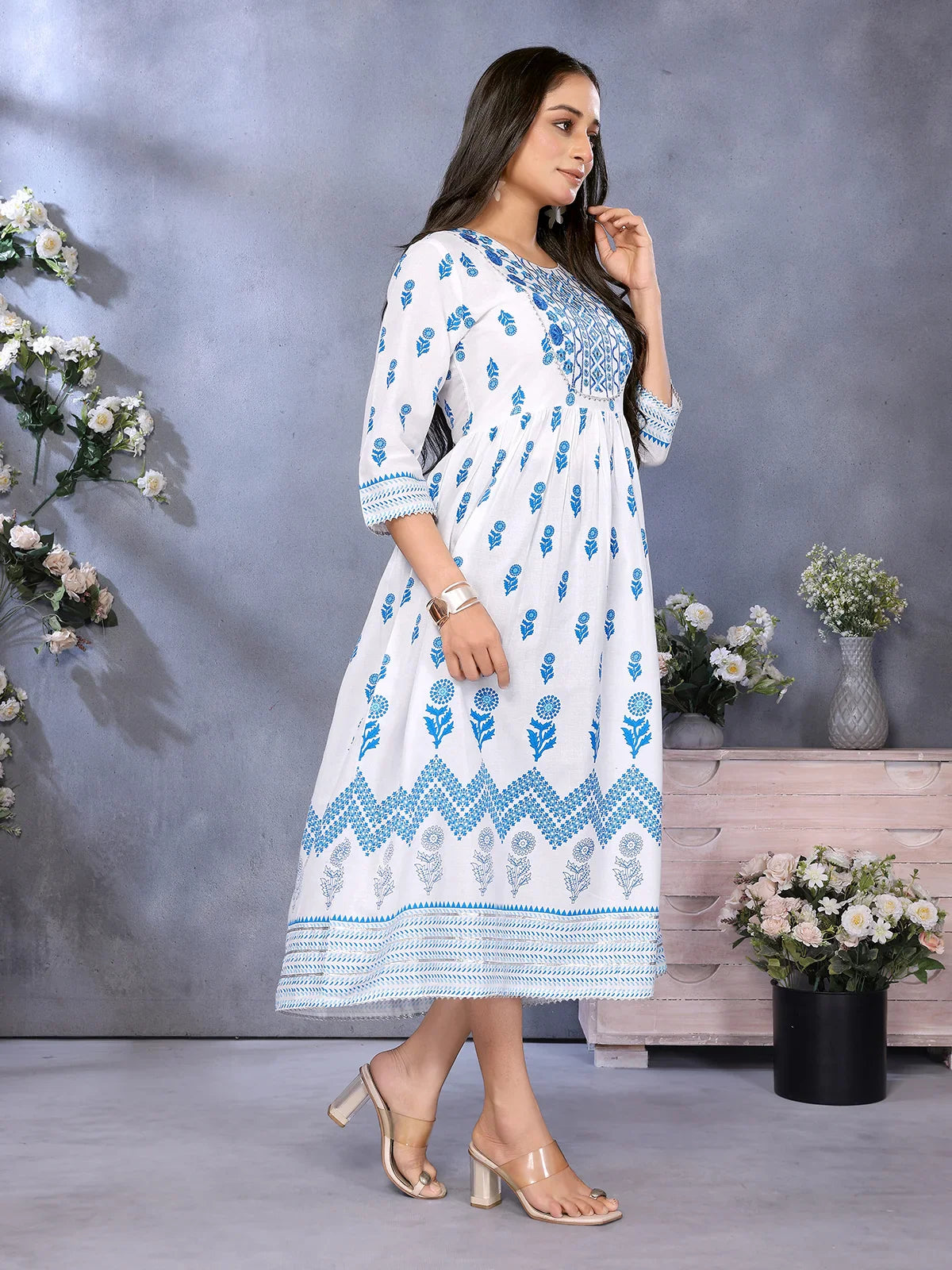 Buy Rayon Embroidered Flared Calf Length Dress-Blue
