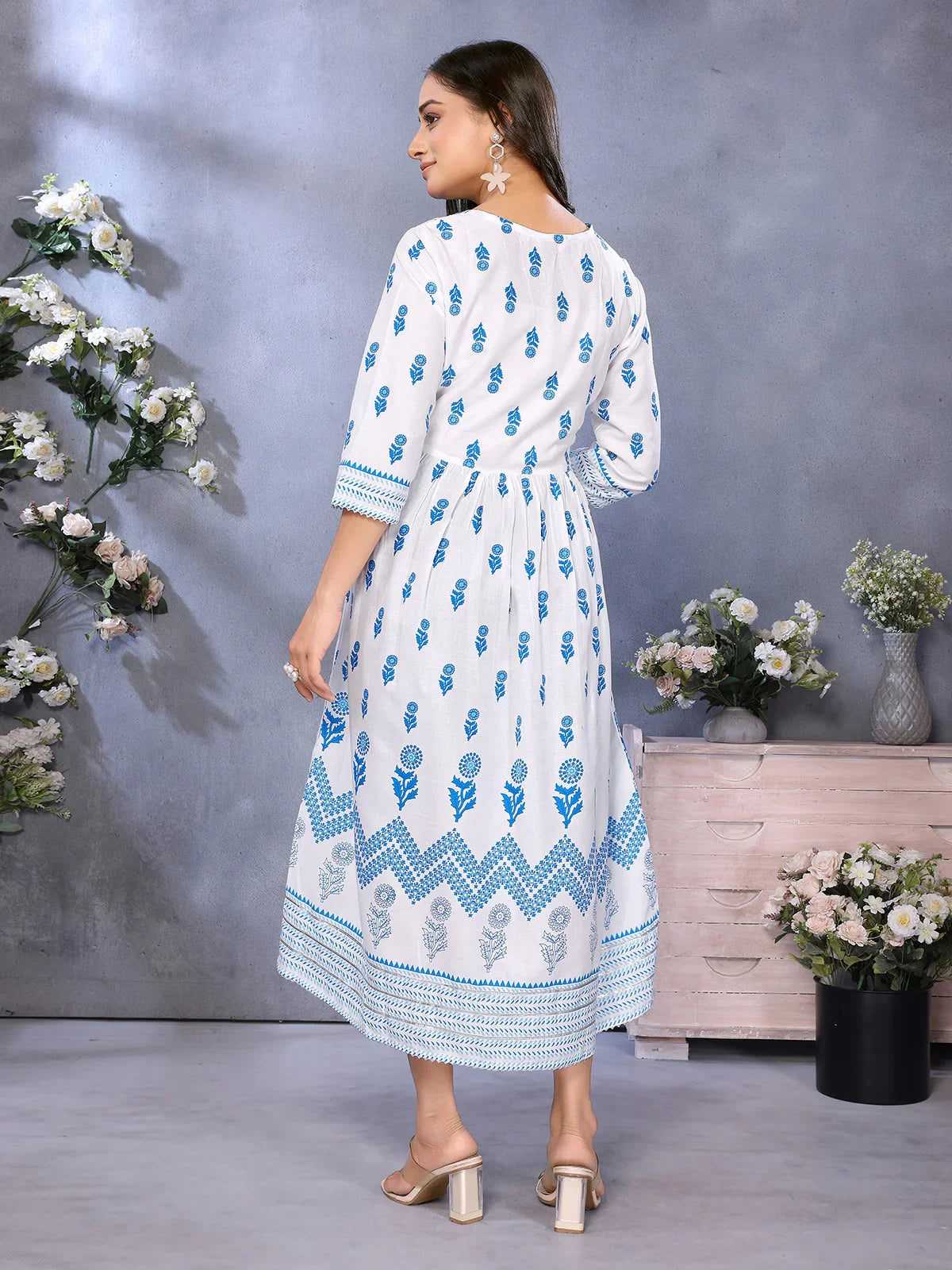 Buy Rayon Embroidered Flared Calf Length Dress-Blue