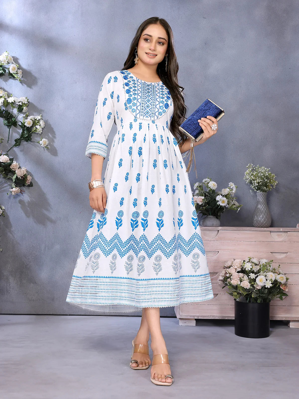 Buy Rayon Embroidered Flared Calf Length Dress-Blue