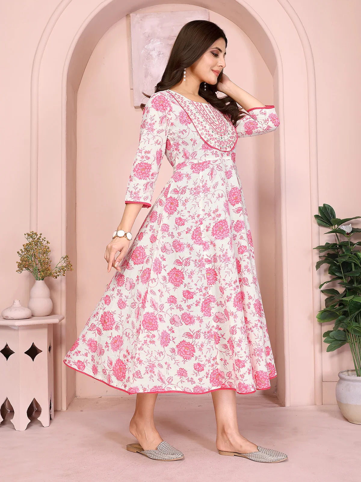 Buy Cotton Embroidered Flared Calf Length Dress-Pink