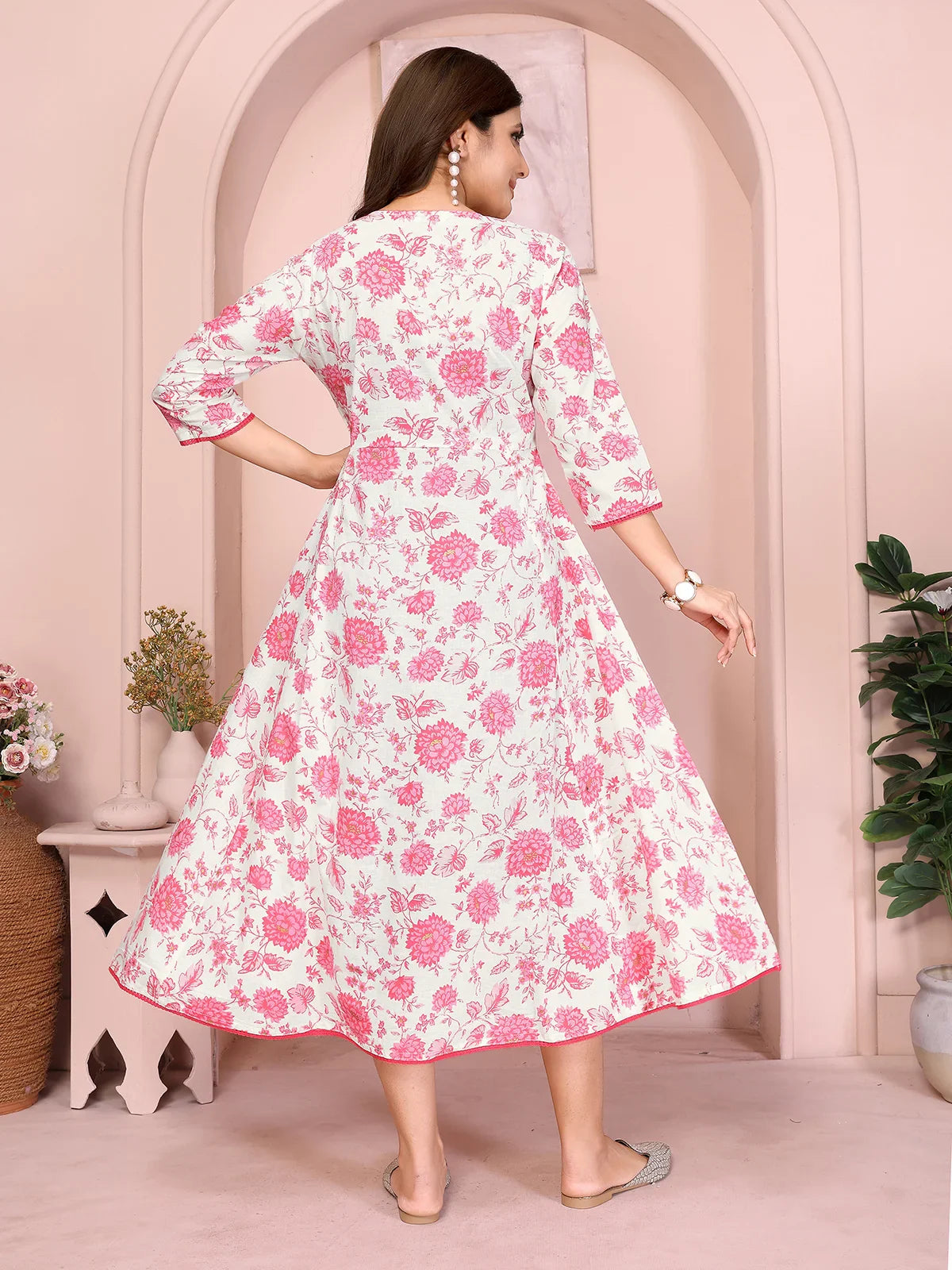 Buy Cotton Embroidered Flared Calf Length Dress-Pink